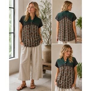 Skunkfunk SKFK Womens XS Geometric Leaf Print Tunic Top Boho Art to Wear Green